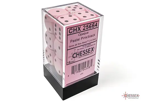 Opaque: Pastel Pink/Black D6 (12 Dice)