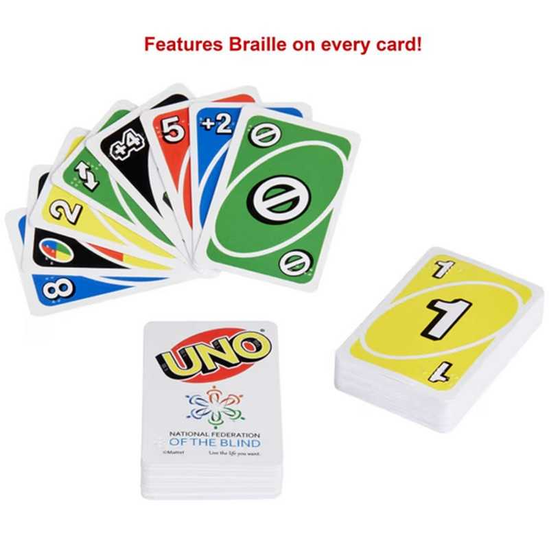 Uno Braille 2 UNO Braille spilin eru öll merkt með blindraletri.